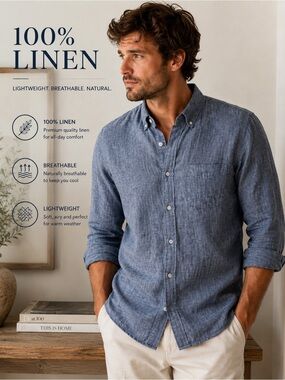Touch Linen 100% Linen Shirt XL Made USA Blue
